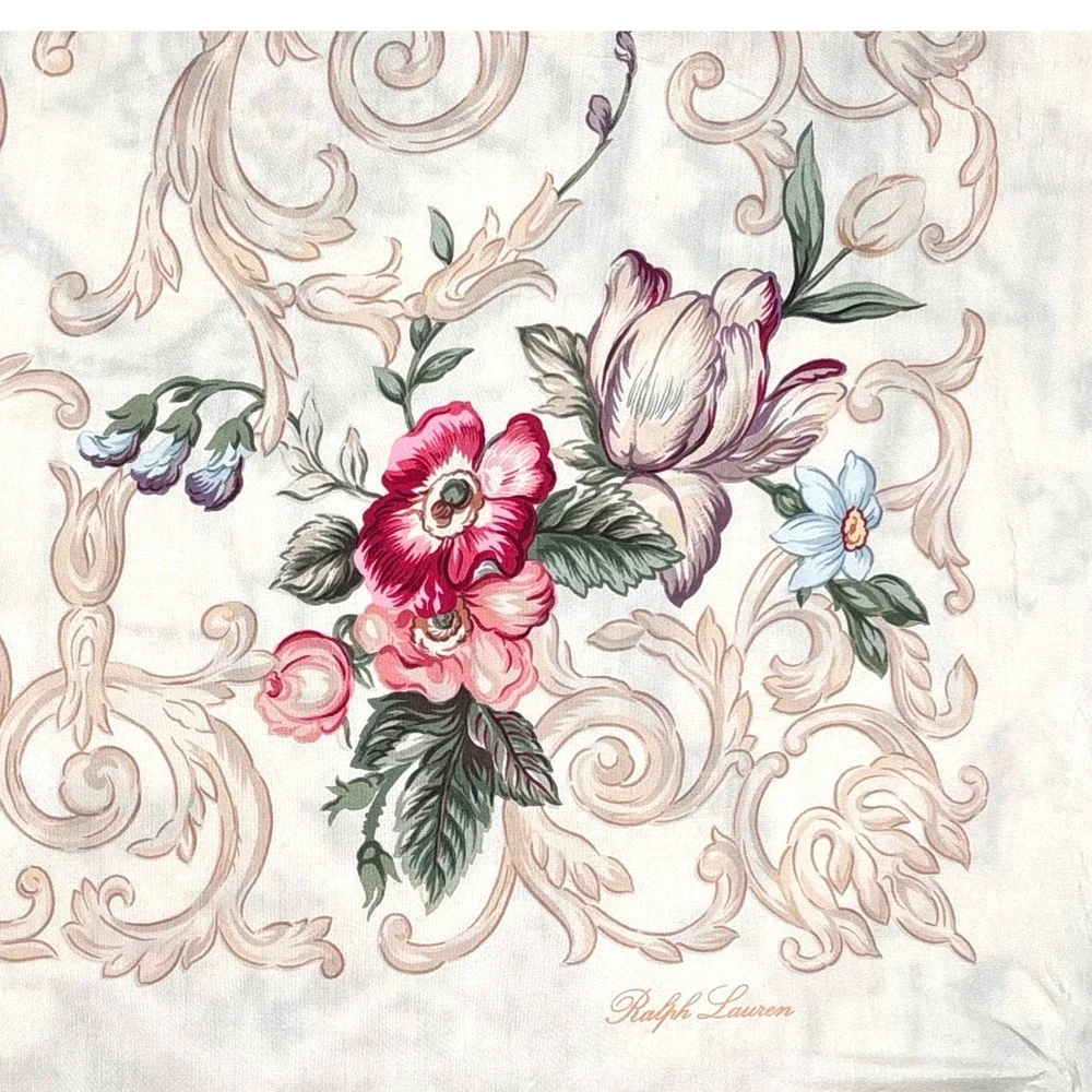 Ralph Lauren Scarf Silk Floral Filigree Beige Cream Cottagecore Romantic Elegant